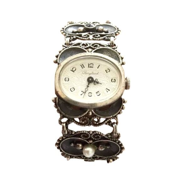 Antique Women`s Wrist Watch Bergland Filigree Sterling Silver Pearls Garnets - Picture 2 of 16